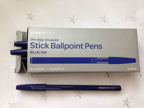 Poppin Stick Ballpoint BLUE BODY BLUE INK MEDIUM TIP 12 PENS