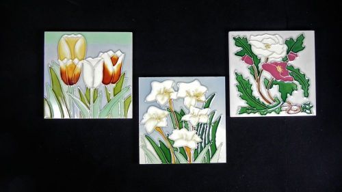 Lot of 3 Floral Tube Lined Ceramic Tile Home DIY Projects Peony Tulips Daffodils