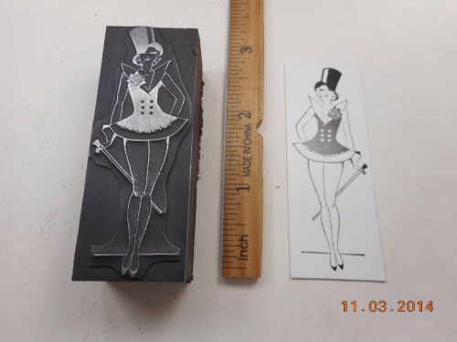 Letterpress printing printers block, showgirl in short tuxedo w top hat &amp; cane for sale
