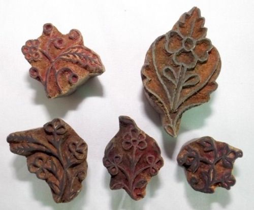 Vintage Hand Carved 5 Flower Design Wooden Printing Block / Cut Collectible