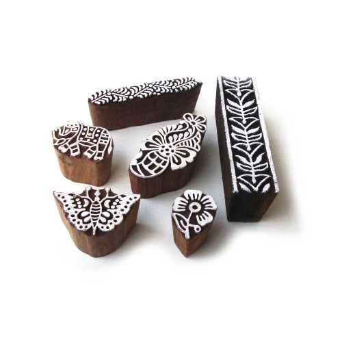 Multi hand carved floral pattern wooden block tags (set of 6) for sale