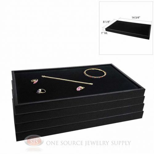 (4) Black Plastic Stackable Trays w/ Black Velvet Pad Display Jewelry Inserts