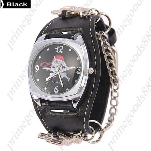 Wide Charm Bandana Skull Chain Quartz Analog PU Leather Wrist Wristwatch Black