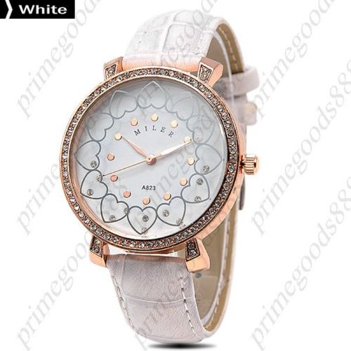 Hearts Rhinestones PU Leather Quartz Heart Lady Ladies Wristwatch Women&#039;s White