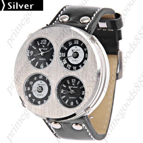 4 Time Zone Round Quartz Analog Wide Wrist Men&#039;s Free Shipping Wristwatch Silver