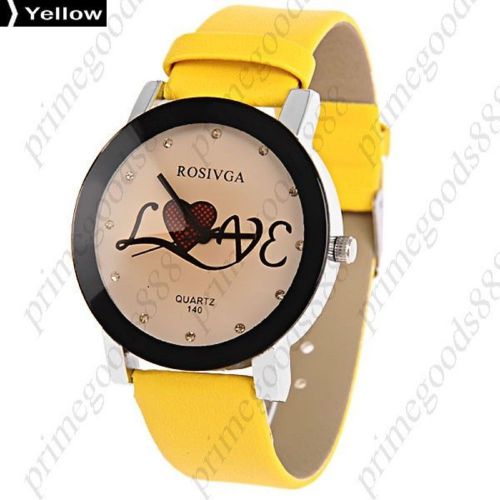 Love Rhinestones PU Leather Lady Ladies Analog Quartz Wristwatch Women&#039;s Yellow