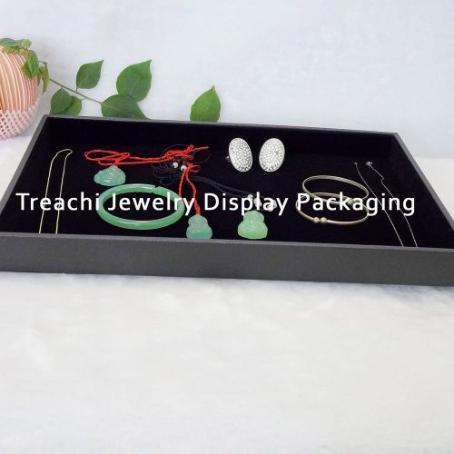 14 inch large flat jewelry tray case wooden black velvet covered case for sale