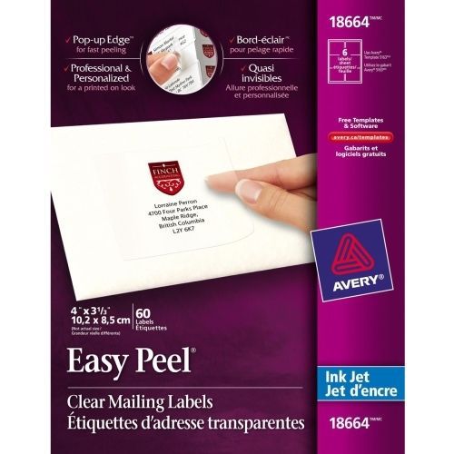 Avery Easy Peel Mailing Label - 3.33&#034; W x 4&#034; L - 60 / Pack - Inkjet - Clear