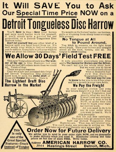 1907 Ad Detroit Tongueless Disc Plow American Harrow Co - ORIGINAL CG1