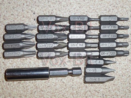 1/4&#034; 60mm magnetic screwdriver bit holder &amp; 22 bits ph, pz, hex, torx, sq &amp; flat for sale