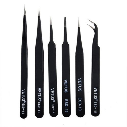 6pcs anti-static different size vetus esd tweezers esd10 to esd15 for sale