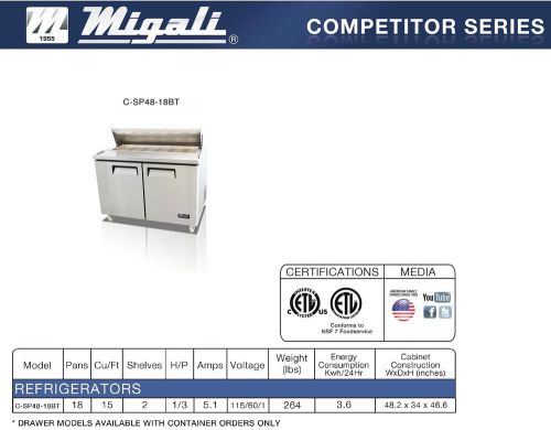 Migali Two Door 48&#034; Big Top 18 Pan Sandwich Prep Table - C-SP48-18BT
