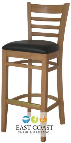 New wooden natural ladder back restaurant bar stool with black vinyl seat for sale