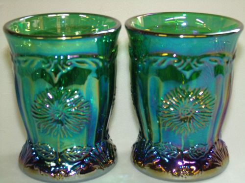 pair of hunter green carnival glass Dahlia tumblers cups goblets iridescent art