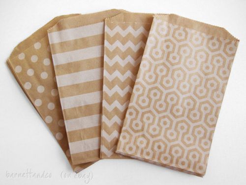 175 Kraft Paper Favor Bags,5 x7.5&#034;  Dots, Stripes,Chevron,Honeycomb,Candy Buffet