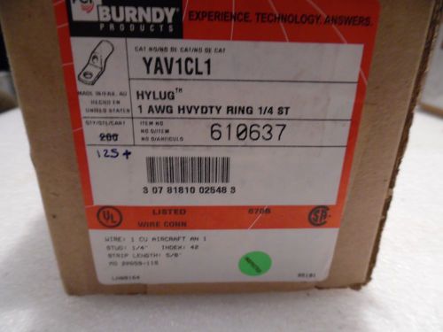 Burndy YAV1CL1 COPPER COMPRESSION LUG 1/4&#034; STUD Hylug 1 AWG AN-1 New BOX OF 125