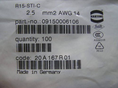 Harting type r15-sti-c 2,5 mm2 awg 14 male crimp contact 09150006106 for sale