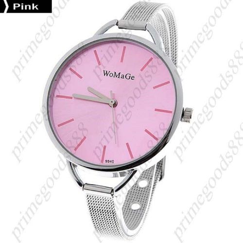 Round Quartz Analog Wrist Watch Stainless Steel Band in Pink Free Shipping