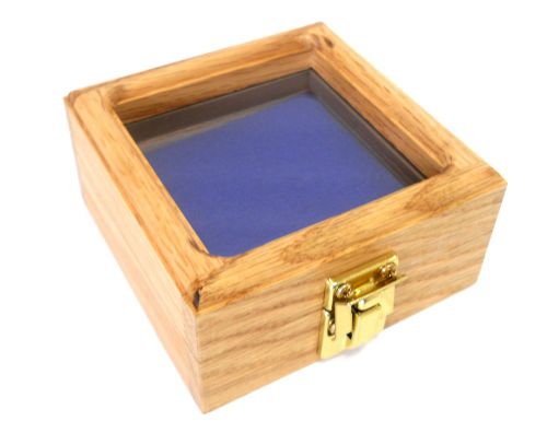 Small oak wood glass top blue awards medals pins pocket watch display case for sale