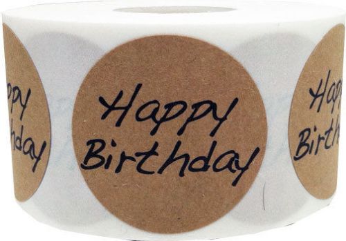 1.5&#034; Round Happy Birthday Natural Kraft Stickers - 500 Adhesive labels on roll