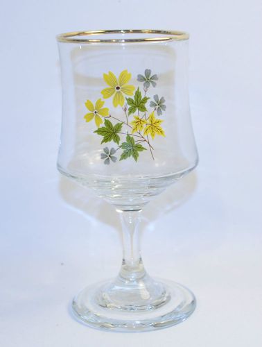 Vintage Wine Glass Yellow Flowers Gold Trim