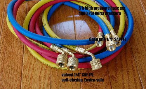 Hvac 5&#039;hose set:r410a r22 manifold gauge 800/4000 psi epa applied low-loss 1/4 for sale