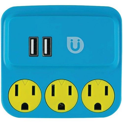 GE 25114 Uber 3 Outlet Power Tap w/2 USB Ports Blue/Yellow