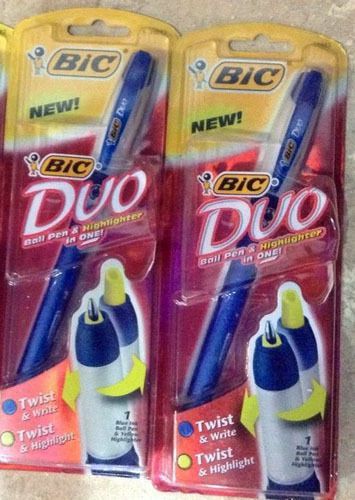 Bic-Duo-Pens-Blue-Ink-Yellow-Highlighter-pack-of-2-Imperfect-Packaging-NEW