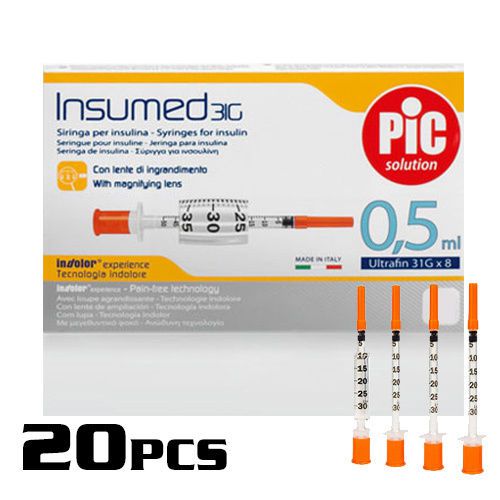 20PCS INSUMED STERILE INSULIN SYRINGES 31G 0.5ML PIC TECHNOLOGY ITALY