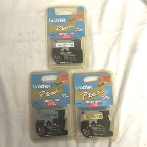 3 Brother P-Touch Label Tape 12mm 1/2&#034; White MK-231,Gold M-831,Blue M-531 NEW