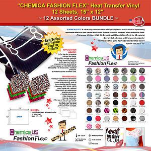 CHEMICA FASHION FLEX HEAT TRANSFER VINYL, 12 SHEETS, 15&#034;x12&#034;, 12 ASSORTED COLORS
