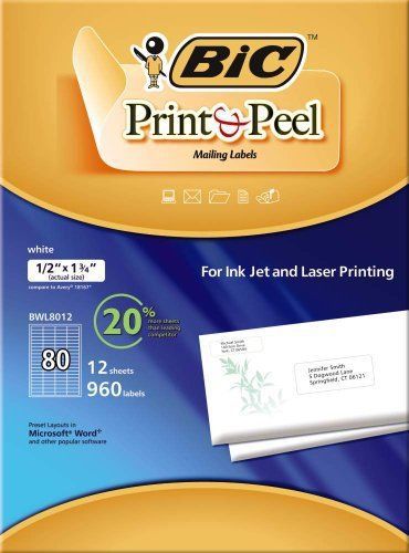 BIC America BIC Print &amp; Peel Mailing Labels 0.5 x 1.75 Inches, 80 Labels per