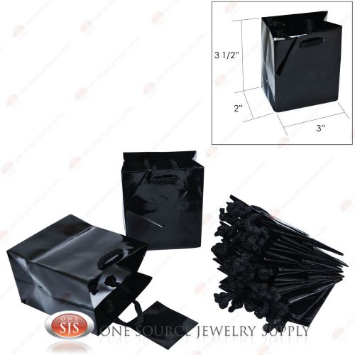 12 Solid Glossy Black Finish Paper Tote Gift Merchandise Bags 3&#034; x 2&#034; x 3 1/2&#034;H