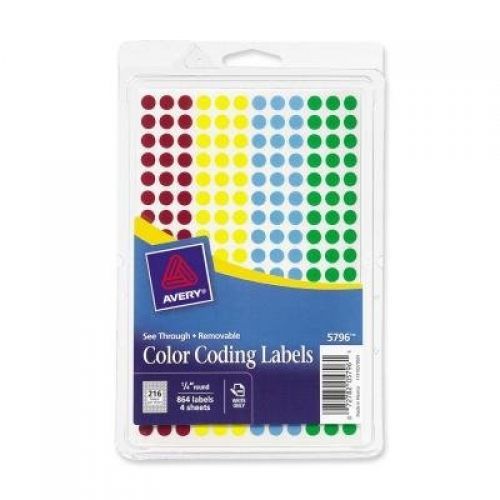 Avery See-Through Removable Color Dots, 1/4 Inch dia, Assorted Colors, 864/Pack