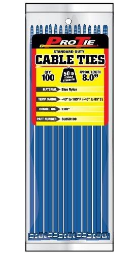 Pro tie bl8sd100 8-inch blue standard duty color cable tie, blue nylon, 100-pack for sale