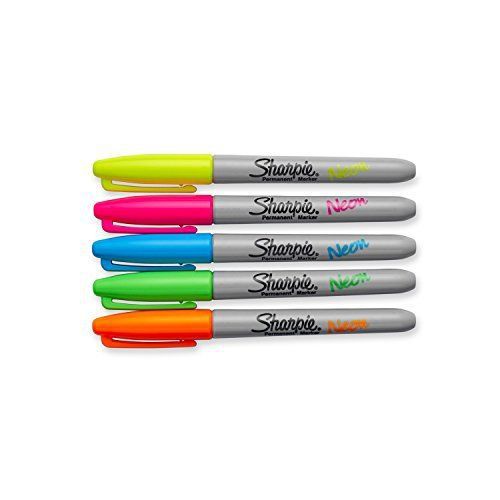 NEW Sharpie Neon Fine Point Permanent Markers, 5 Colored Ink Markers Waterproof