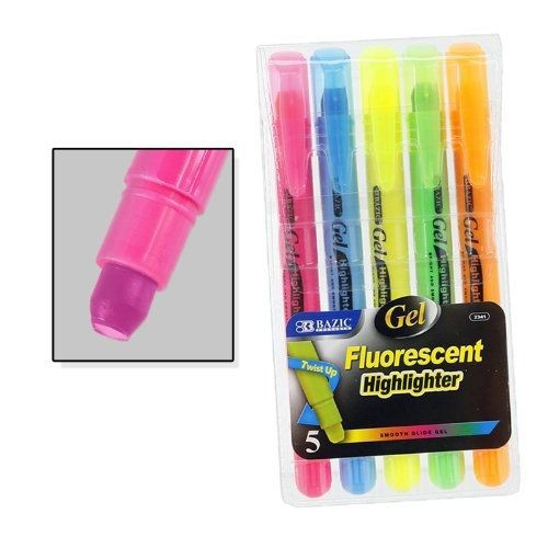 Bazic Gel Fluorescent Highlighters, Assorted Colors, Pack of 5