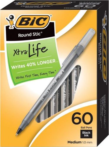 60 PACK BIC Round Stic Xtra Life Ballpoint Pen Black Ink Medium Point 1.0 mm lot