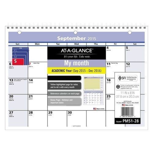 AT-A-GLANCE Monthly Desk / Wall Calendar QuickNotes Design Academic Year 16 M...