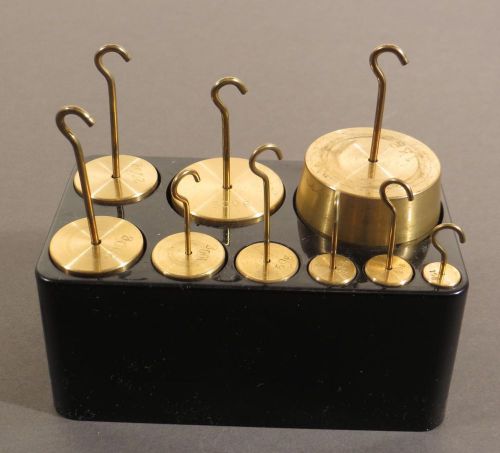 HOOKED WEIGHT SET 0F 9 BRASS DOUBLE HOOKED LABORATORY CALIBRATION WEIGHTS w/BOX