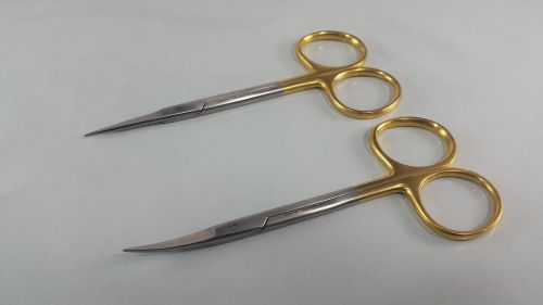 2 TC Iris Scissors 4.5&#034; STRAIGHT &amp; CURVED Tungsten Carbide GERMAN STAINLESS CE