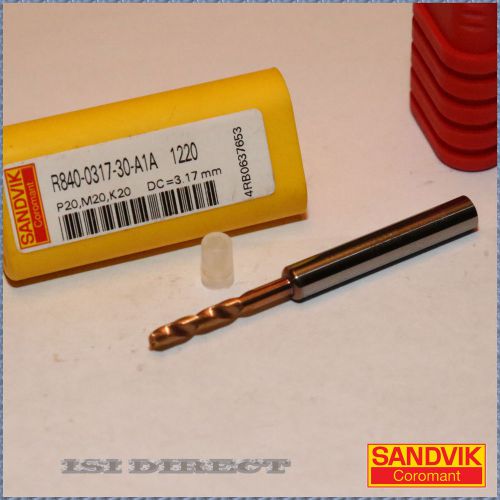 R840 0317 30 A1A 1220 SANDVIK Coolant Drill Bit, Size 3.17mm, Solid Carbide