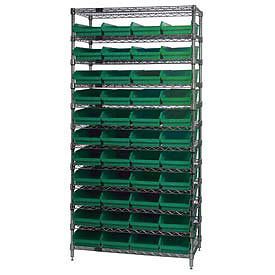 Wire shelving with (44) 4&#034;h plastic shelf bins green, 36x24x74 for sale