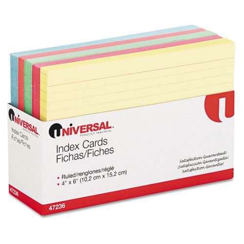 Universal Index Cards, 4 X 6, Blue/salmon/green/cherry/canary, 100/pack