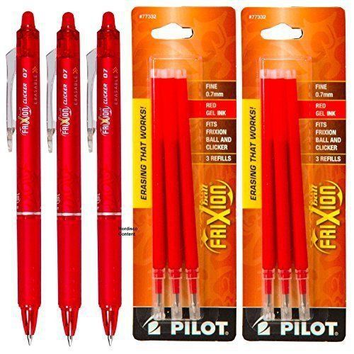 Pilot Frixion Clicker Retractable Erasable Red Gel Ink Pens, 3 Pens with 2 Packs