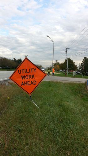 Utility work ahead roll-up safety reflective vinyl sign 48&#034;x48&#034; folding base for sale