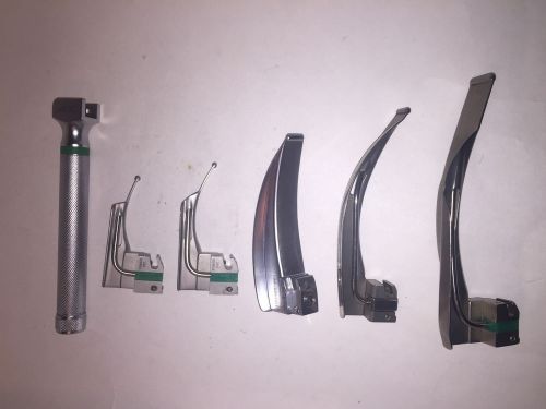 Fiber Optic Laryngoscope Blades,  Mac 0, 1, 2, 3, 4 &amp; AA-cell handle, Great Set!