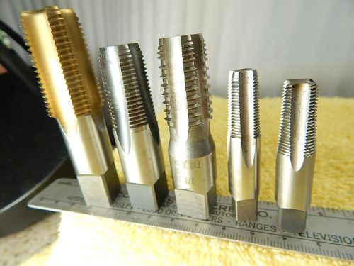 5-lightly used mixed brand mixed size &amp; type threading taps 3/8-18 x2,1/2,1/8-27 for sale