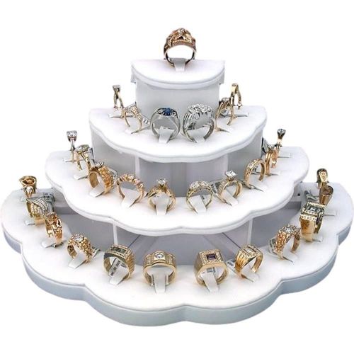 Contemporary white ring 4 tier display holds 29 rings jewelry stand faux leather for sale