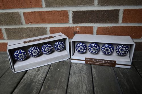 New set of 8 ceramic drawer pulls knobs white blue flower flow blue delft floral for sale